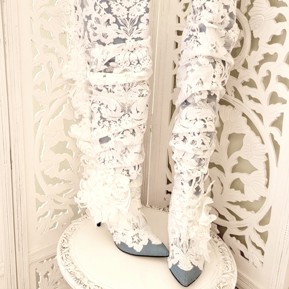 "MAGNOLIA" Custom Order White Sequin Lace OTK Boots